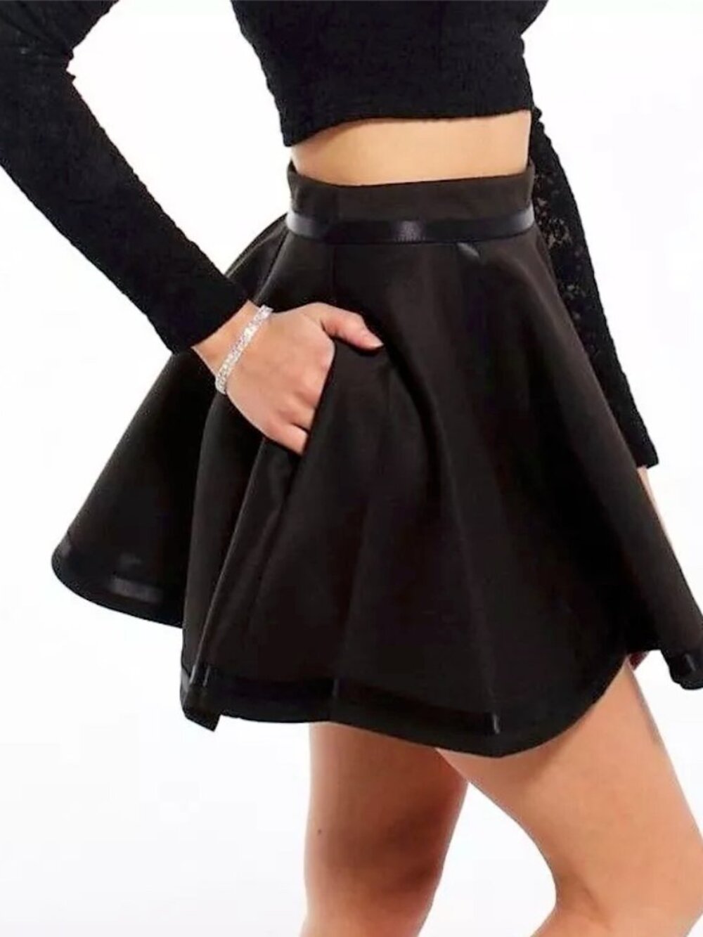 Hunt No More Flared A-line Pocket Black Neoprene High Waist Skirt S